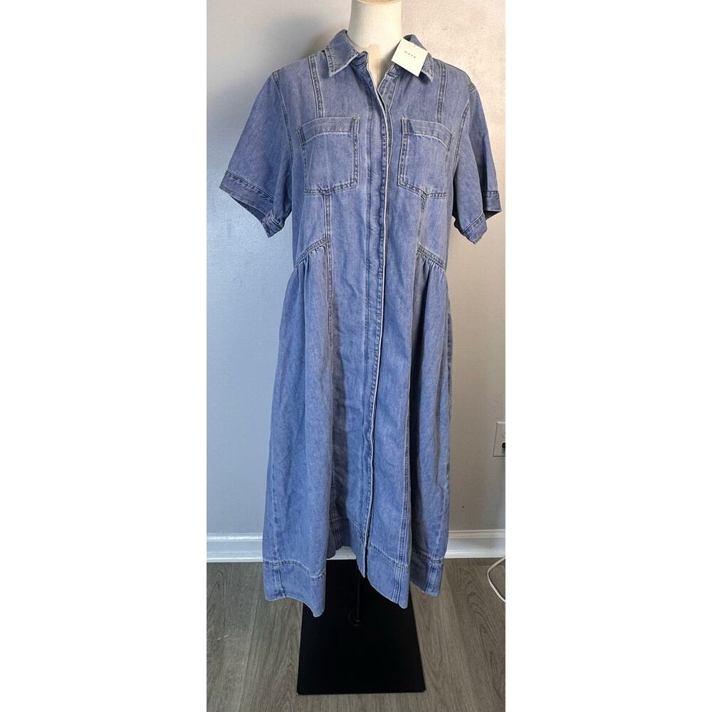 Light Blue Denim Midi Shirt Dress with Front buttons